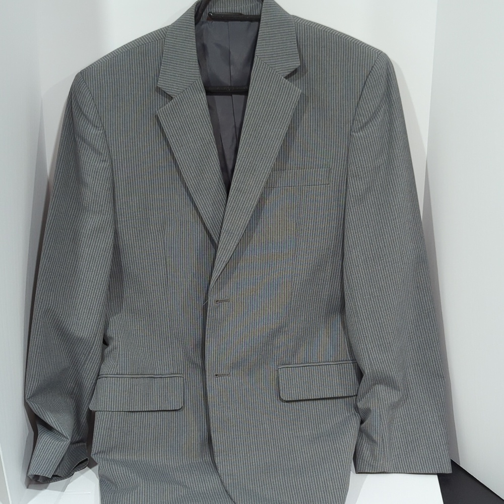 Merona Silver and White Striped Suit- Jacket 40R Pants 34x32